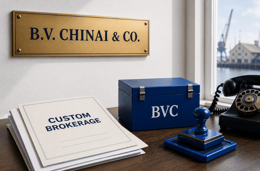 A 'B.V. Chinai & Co.' brass nameplate beside a blue BVC box, a 'Custom Brokerage' binder and a vintage telephone, overlooking a harbour