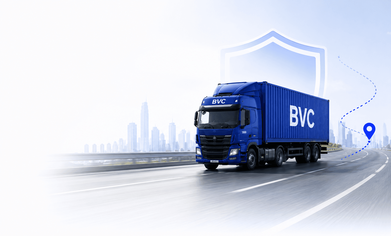 BVC armoured container truck on the road, shielded and GPS-tracked