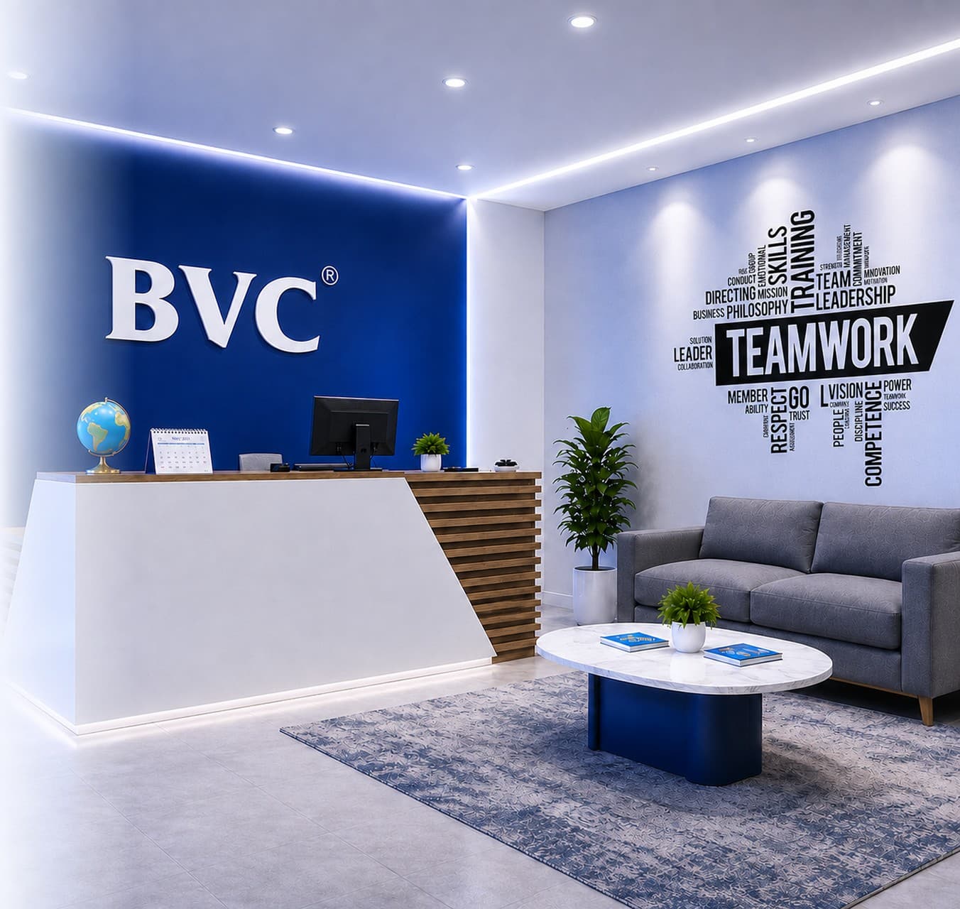 BVC Logistics office reception with the BVC wall — Grow, Learn, Lead, Succeed