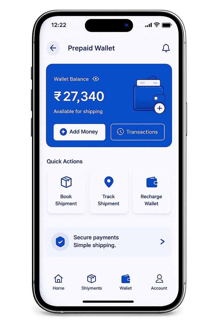 BVC Universe app — Prepaid Wallet screen showing a ₹27,340 balance, Add Money and Transactions buttons, and Quick Actions to book a shipment, track a shipment, and recharge the wallet