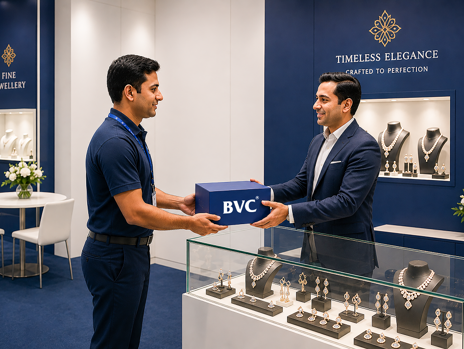 BVC team securely handling high-value pieces on-site at an international exhibition