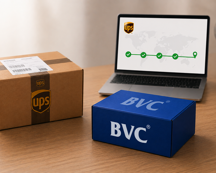 BVC secure shipping flow: BVC packs and insures, then hands off to UPS