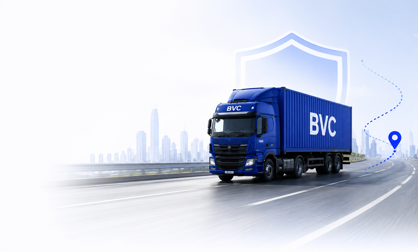 BVC armoured container truck on the road, shielded and GPS-tracked