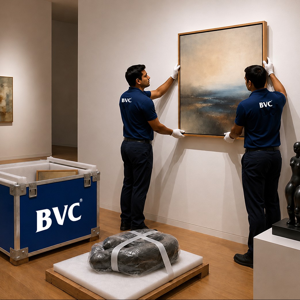 Two BVC handlers in navy polos and white gloves hanging a framed landscape painting on a gallery wall, beside an open foam-lined blue BVC flight case, a wrapped sculpture on a padded pallet and a bronze figure on a plinth