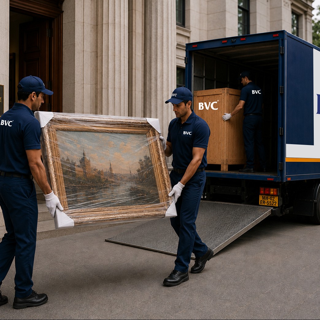BVC handlers in navy uniforms and white gloves carrying a gold-framed harbour painting out of a building marked MUSEUM and loading a wooden art crate into a blue BVC art truck