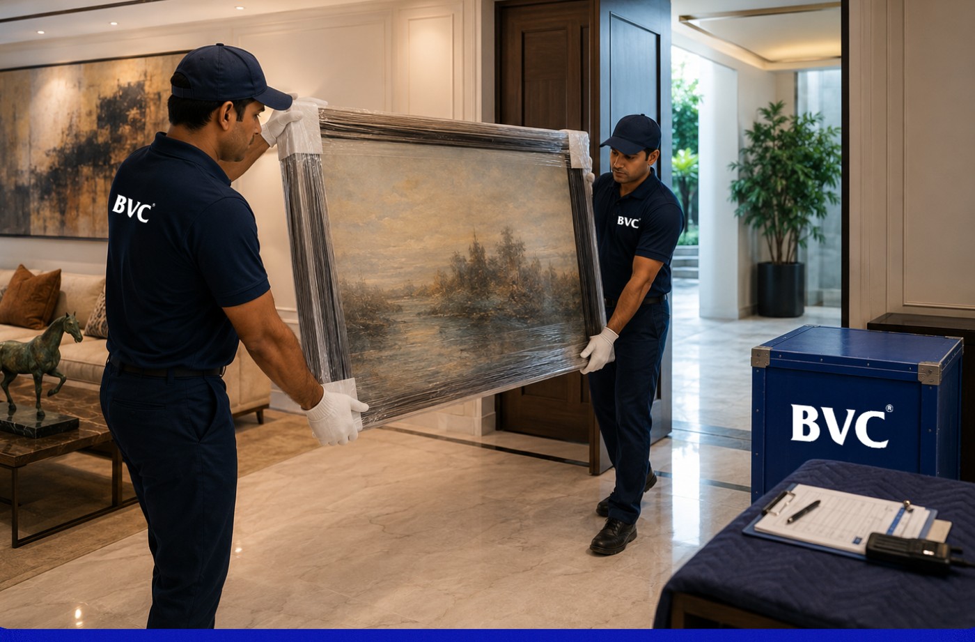 BVC handlers in navy uniforms loading framed paintings and a sculpture into a blue BVC art truck outside a museum, with BVC art crates and a cataloguing laptop