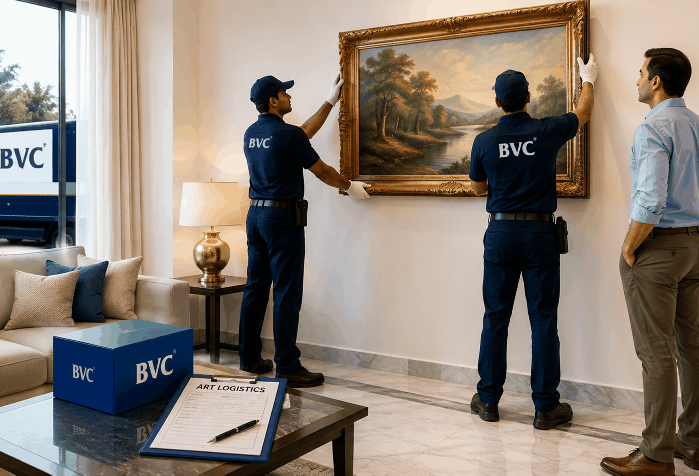 BVC ArtSHIP art handlers delivering and installing a framed painting inside a private residence
