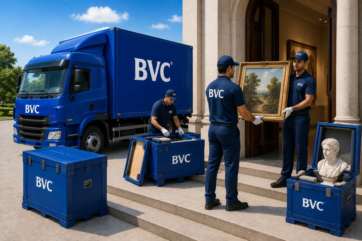 A blue BVC truck and white-gloved BVC crew handling a framed painting and a bust sculpture in secure BVC crates at an institution entrance