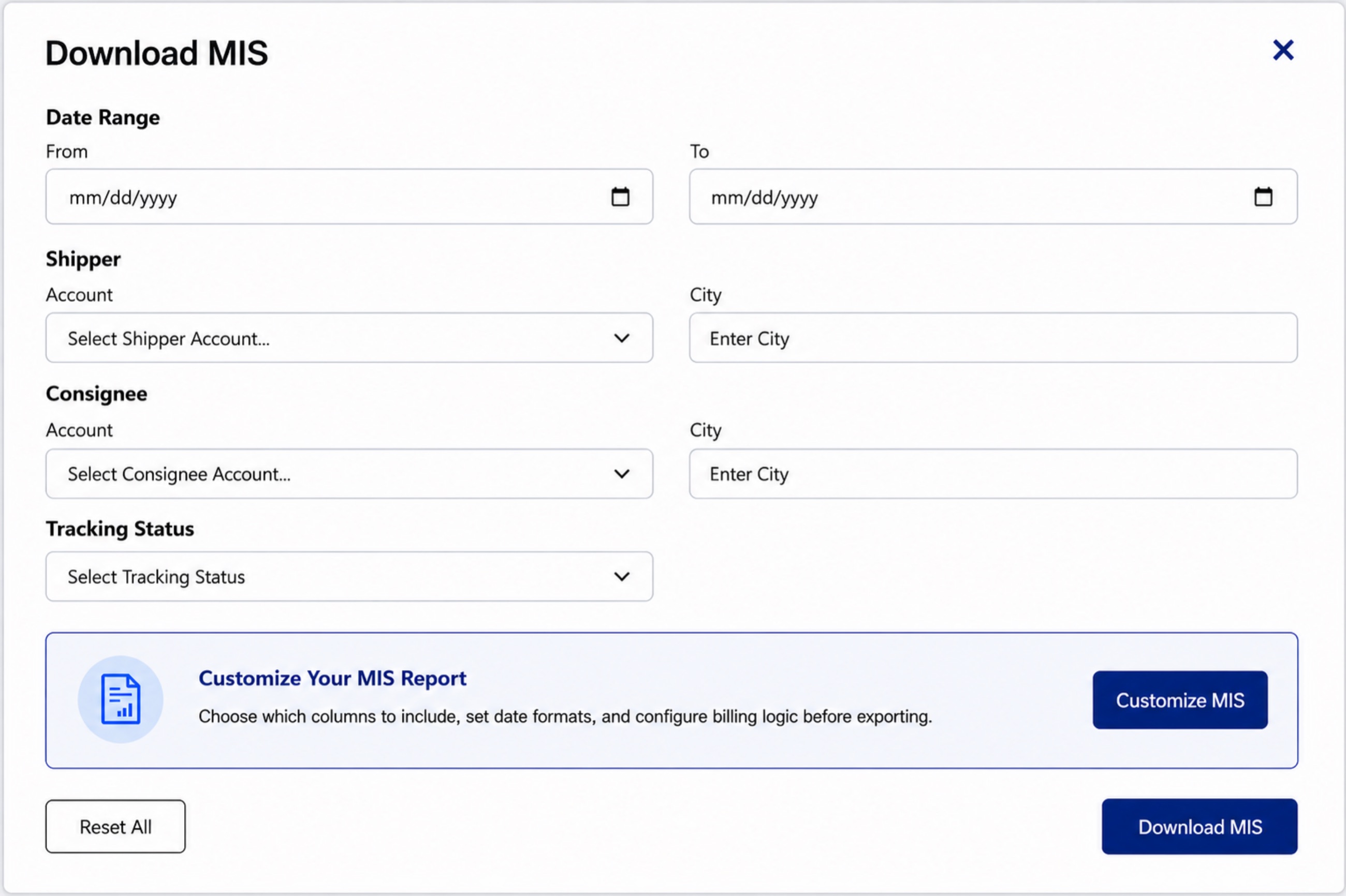 BVC Universe Download MIS dialog — export invoices and MIS reports
