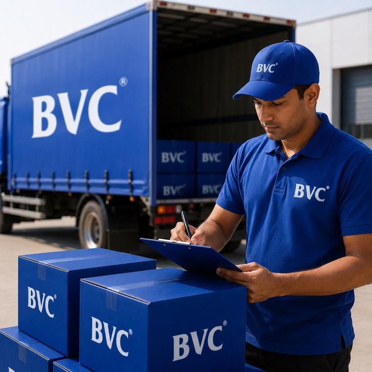 BVC fulfilment agent checking a clipboard beside stacked BVC boxes and a BVC truck