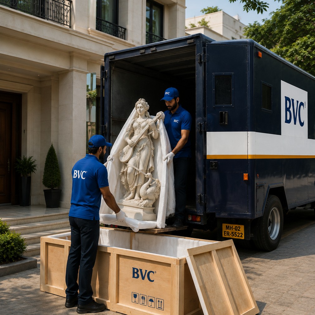 BVC crew unloading a wrapped marble relief sculpture from a BVC truck at a client's residence