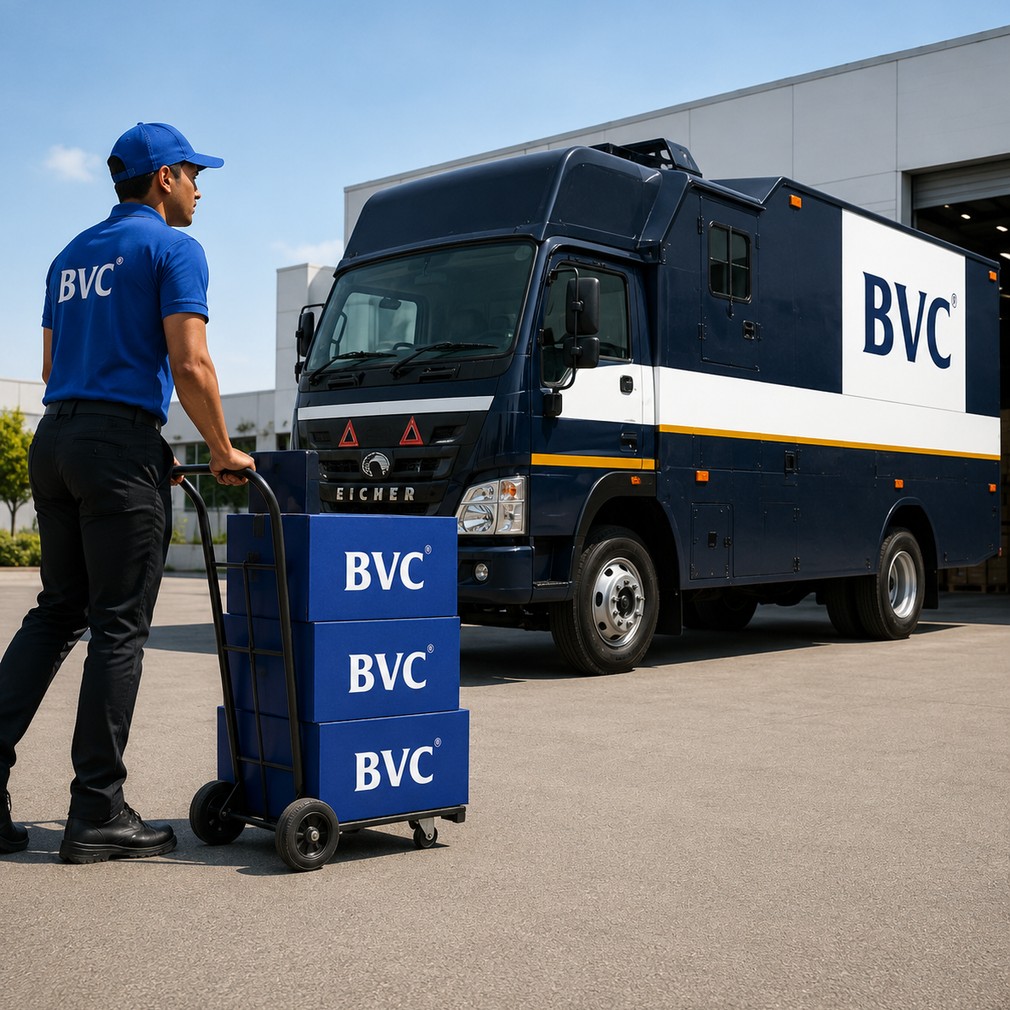 BVC agent wheeling stacked BVC boxes on a trolley beside a BVC truck at a fulfilment warehouse