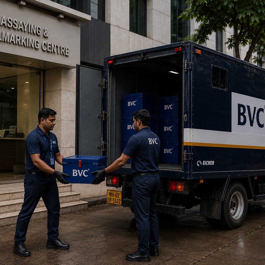 BVC crew handing sealed BVC boxes into a building marked Hallmarking Centre