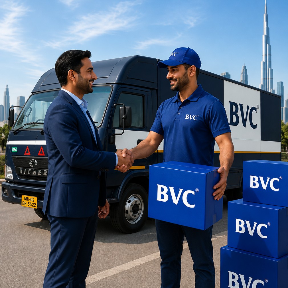 A jeweller shaking hands with a BVC officer beside a BVC truck, with the Dubai skyline behind