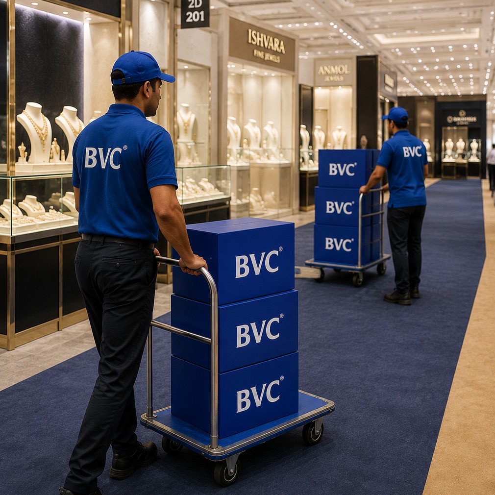BVC agent wheeling a sealed BVC box into a luxury jewellery showroom from a BVC truck
