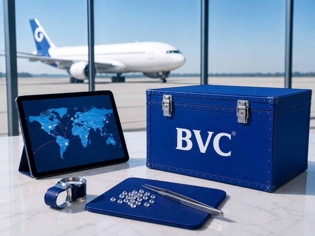 Secure BVC transport trunk, loose diamonds with tweezers and a tablet showing global routes, with an aircraft on the tarmac behind