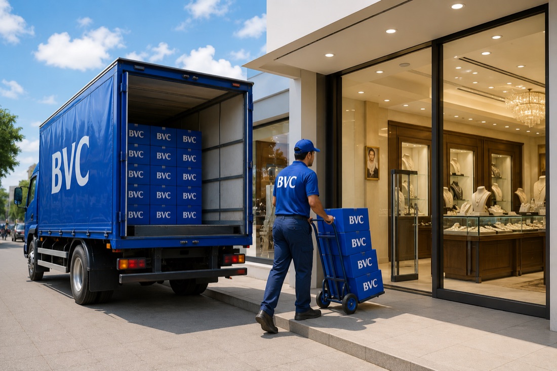 BVC delivery agent wheeling sealed BVC boxes from a truck into a jewellery retail store