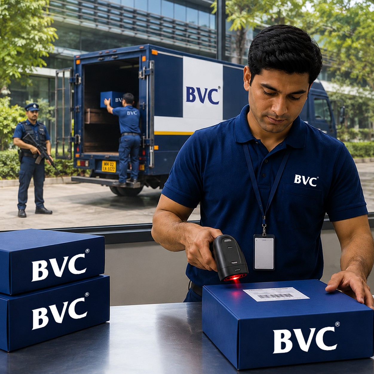 A BVC officer in a blue BVC uniform handing a sealed blue BVC case to a customer at her doorstep, with a blue BVC delivery truck and a secure vault facility behind