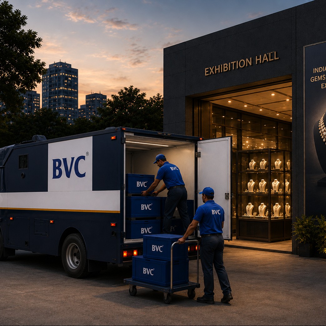 A BVC officer loading a secure BVC trunk into a truck beside a vault at night, and a BVC jewellery exhibition stall with lit display cases by day