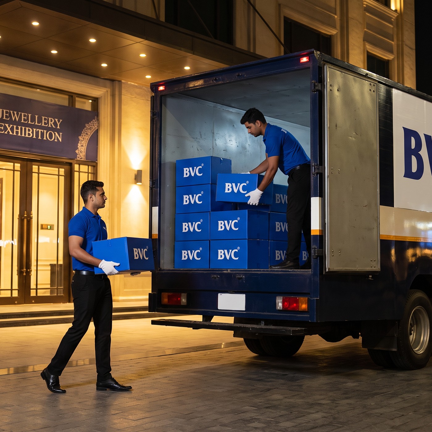 A glowing India map with route pins on Mumbai, Delhi and Chennai landmarks, with a BVC truck and a secure BVC trunk on the road