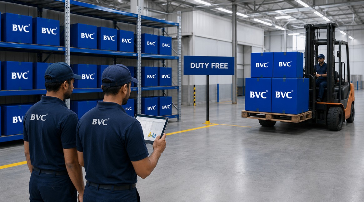 BVC staff inspecting duty-free holding zone with forklift loading inventory