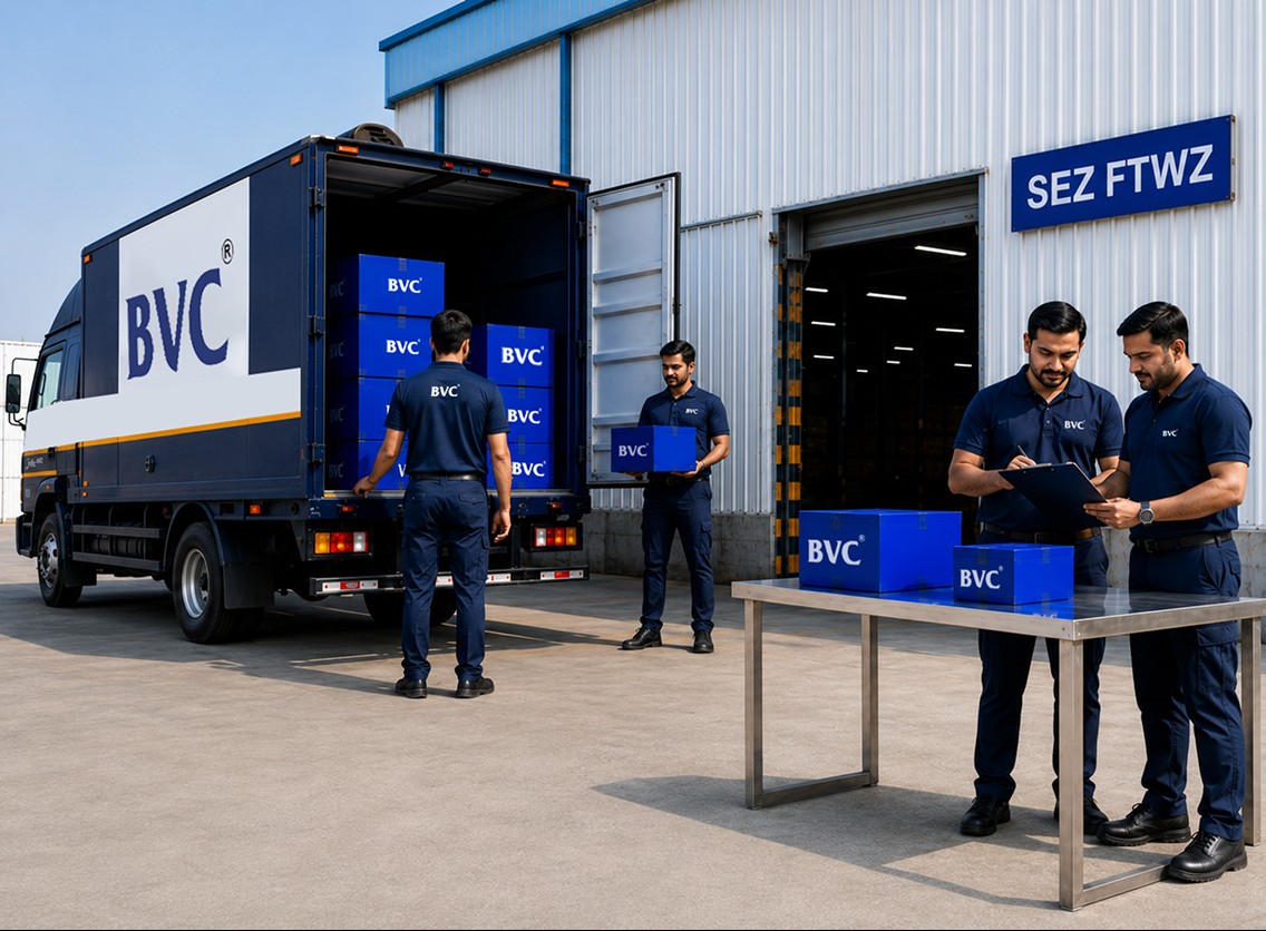 Illustration of an SEZ FTWZ facility with BVC vault, trucks and global landmarks