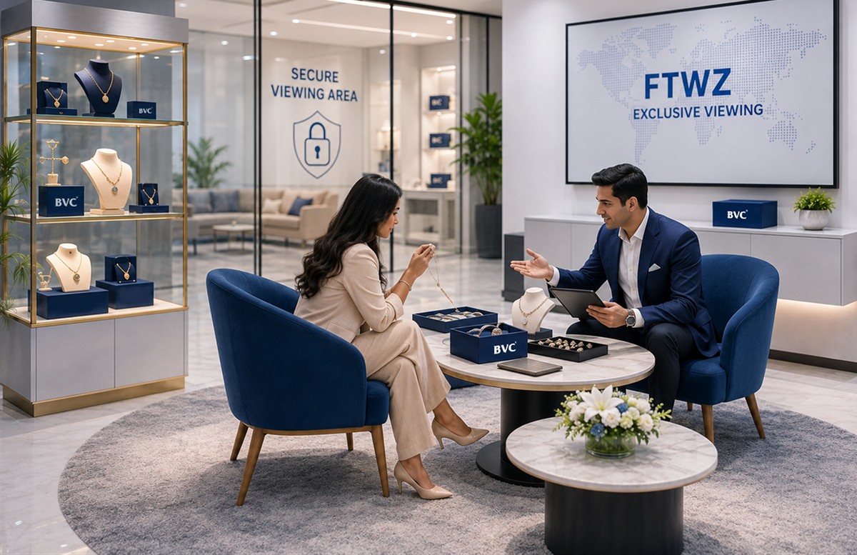 BVC FTWZ Viewing Centre interior — buyer reviewing jewellery in a controlled environment