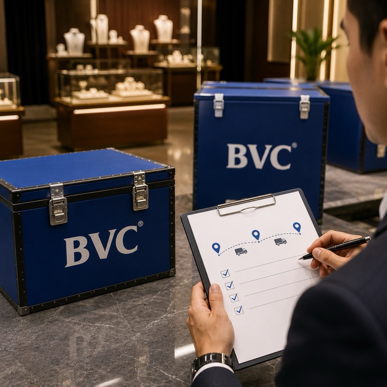 A businessman marking a multi-city route checklist beside BVC trunks in a jewellery showroom
