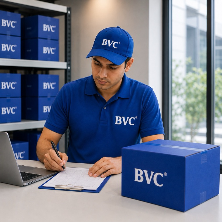 A BVC team member at a desk with a laptop, clipboard and a BVC box comparing shipping options