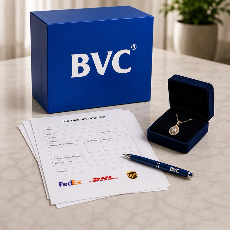 A BVC box and a customs declaration with FedEx, DHL and UPS logos beside a pendant in a velvet box