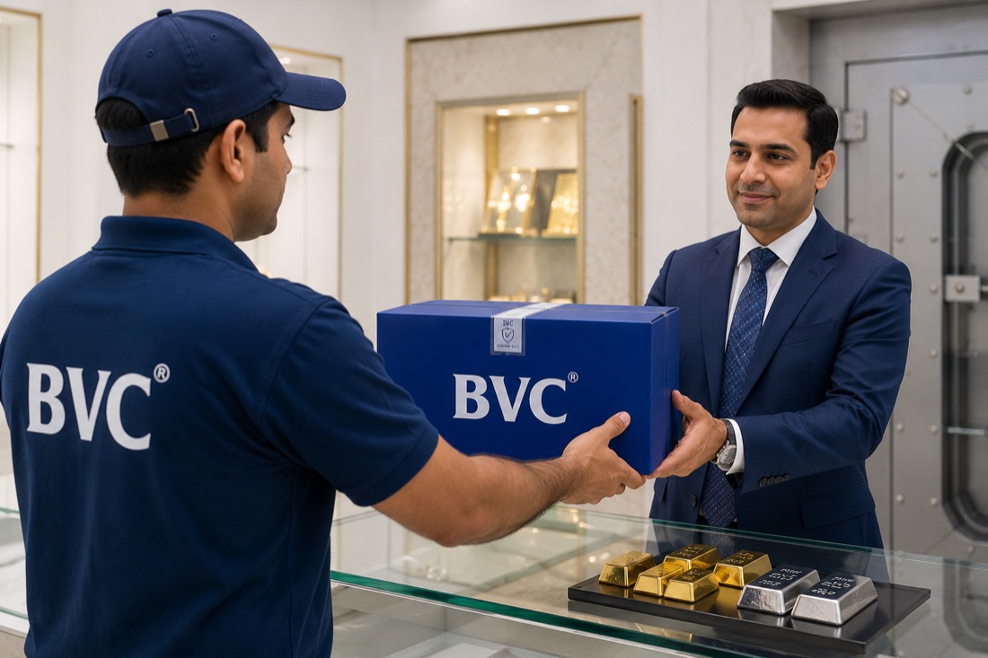 BVC officer handing a sealed BVC box to a businessman at a counter with gold and silver bars