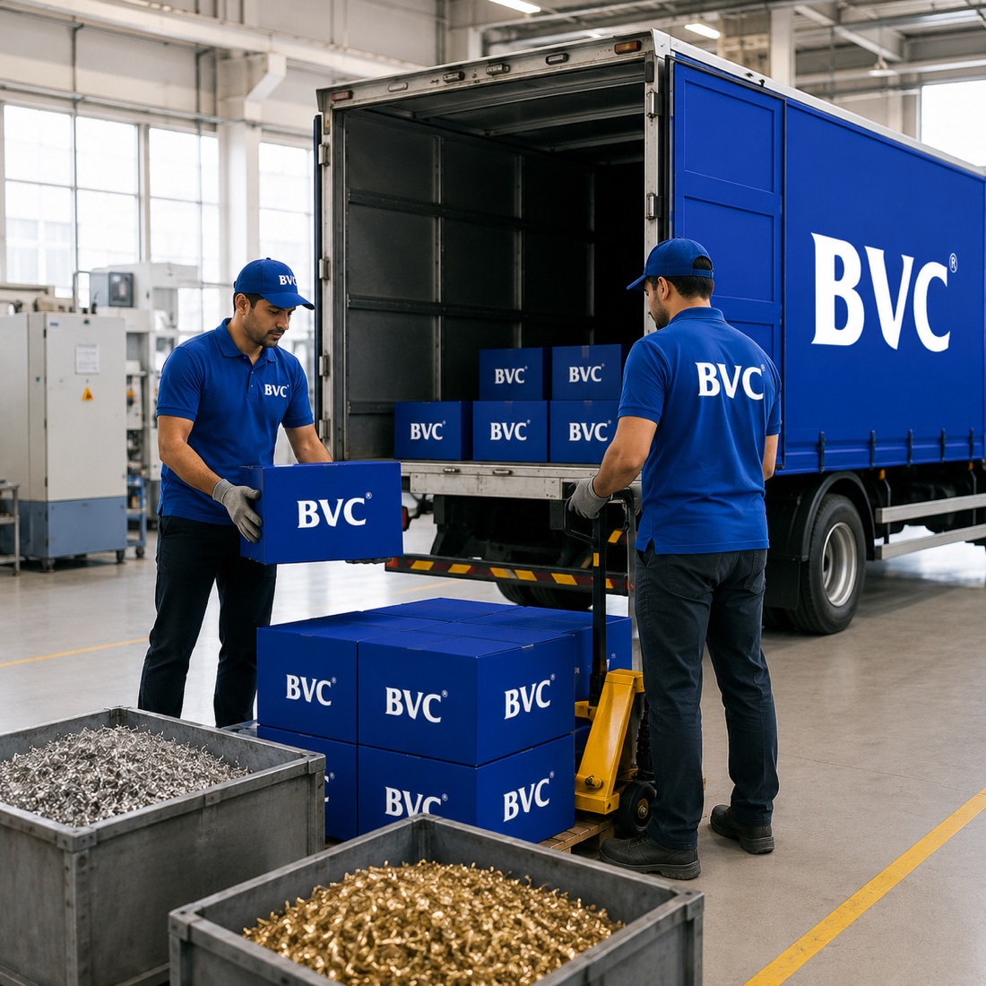 BVC crew loading sealed BVC boxes into a truck inside a factory beside bins of industrial gold and silver scrap