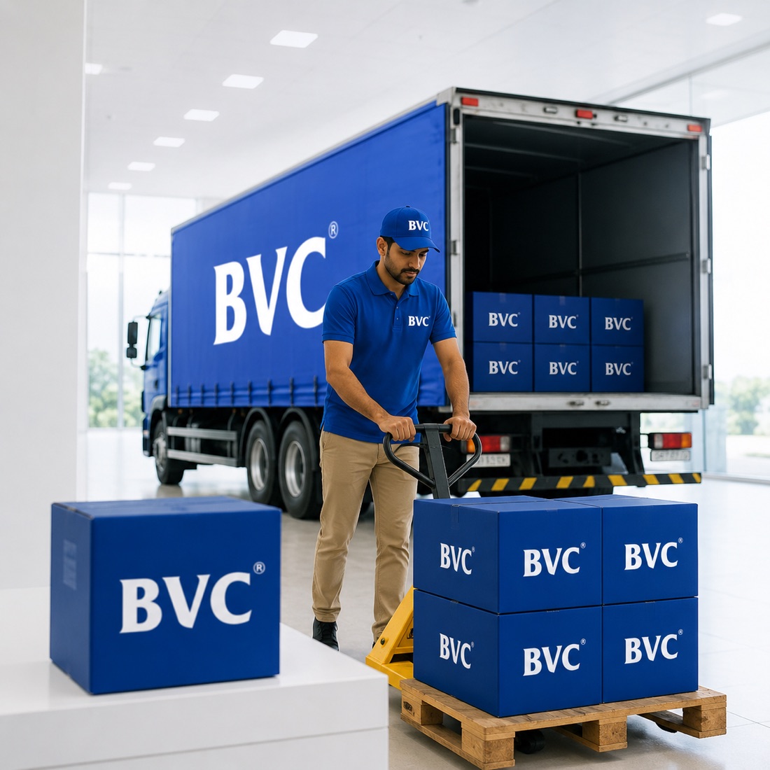 BVC officer moving a pallet of sealed BVC boxes from a BVC truck inside a bright distribution centre
