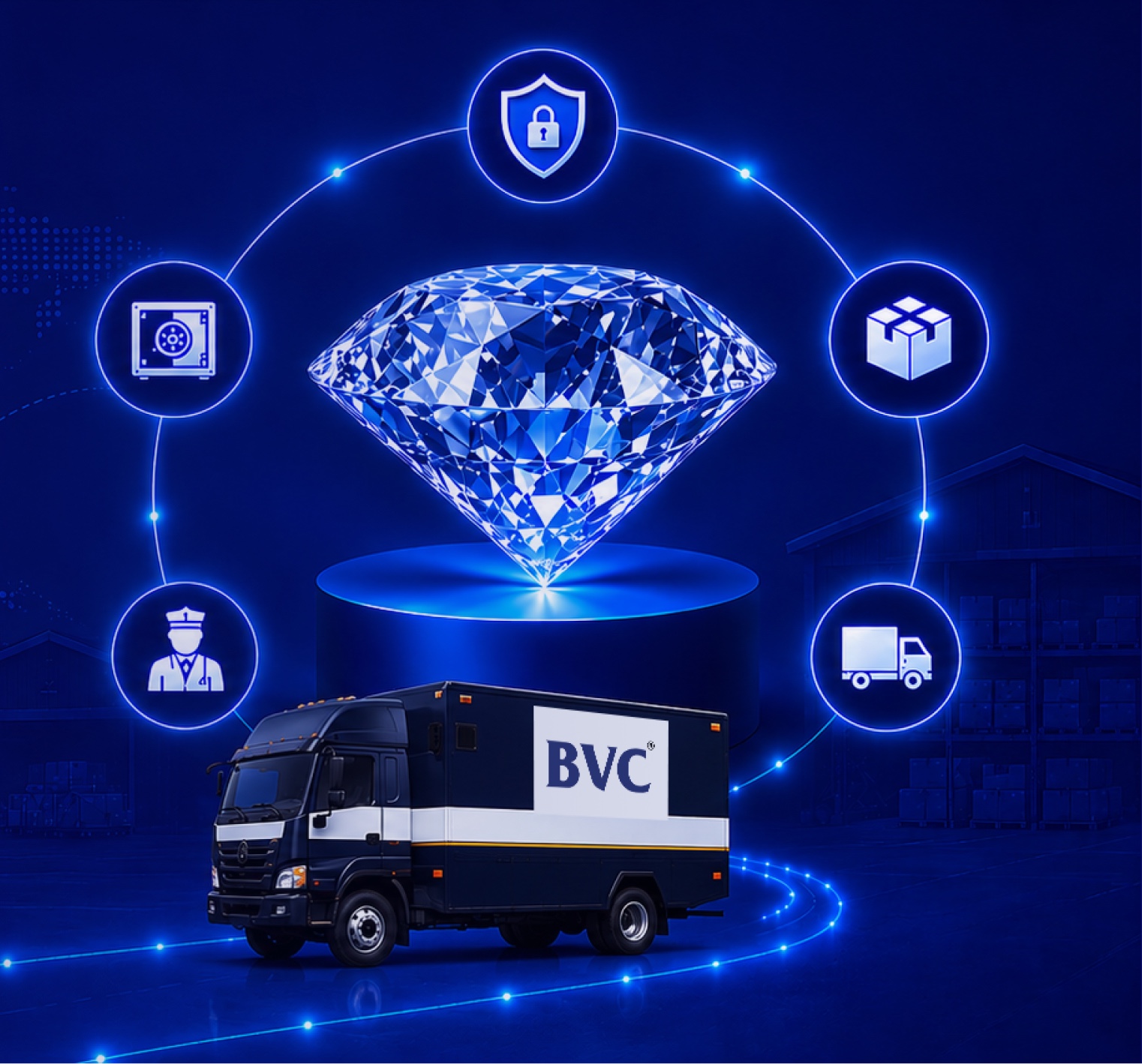 A glowing diamond above a secure BVC logistics route