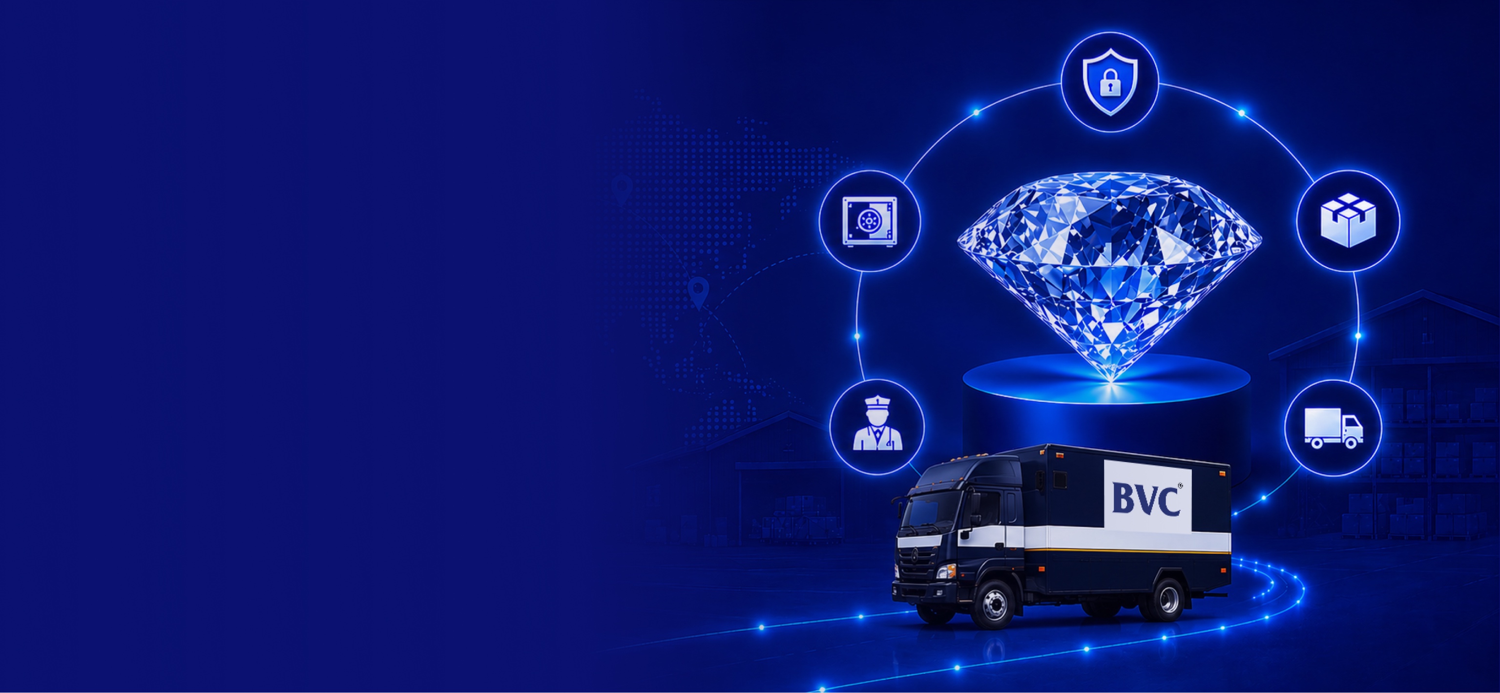 A glowing diamond above a secure BVC logistics route