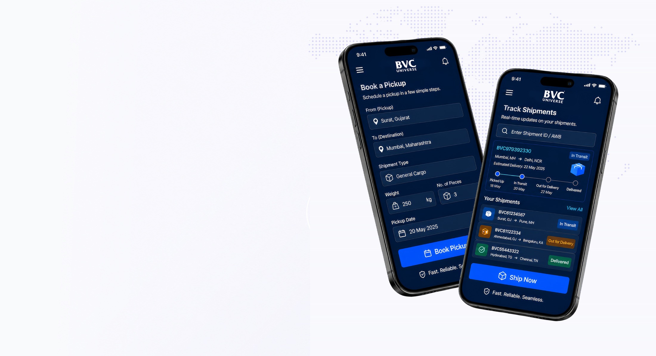 The BVC Universe app — live tracking and shipment screens
