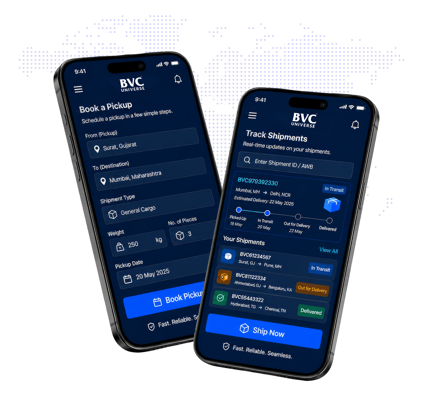 The BVC Universe app — live tracking and shipment screens