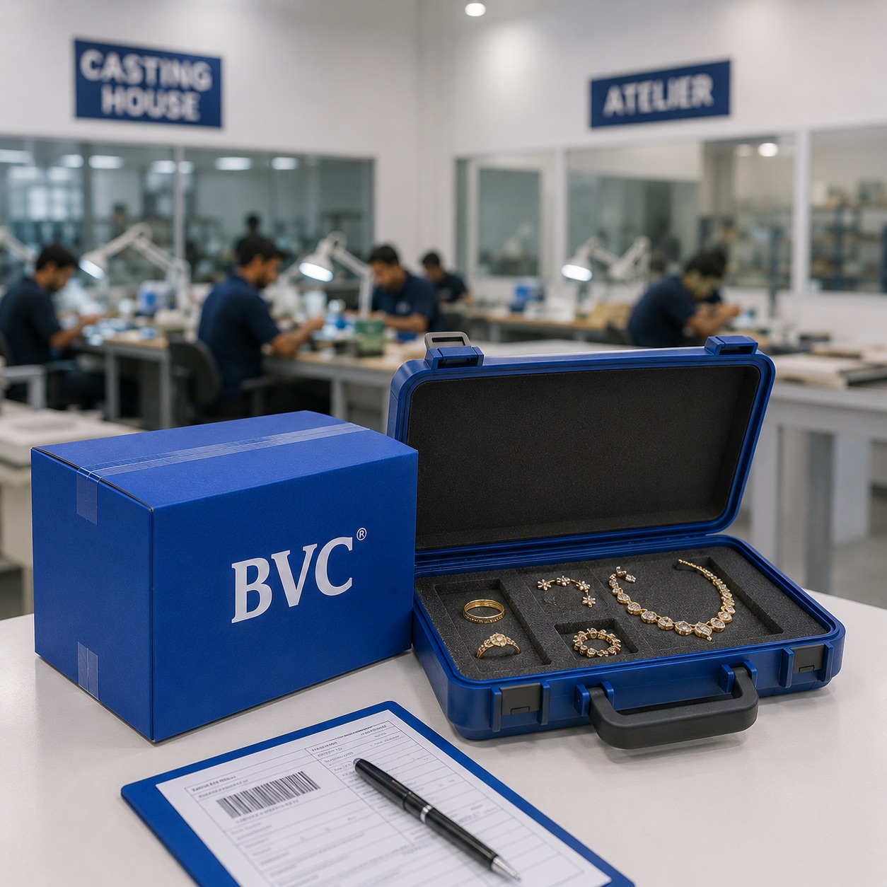 BVC box and an open foam-lined case of work-in-progress gold jewellery on a bench between a casting house and an atelier
