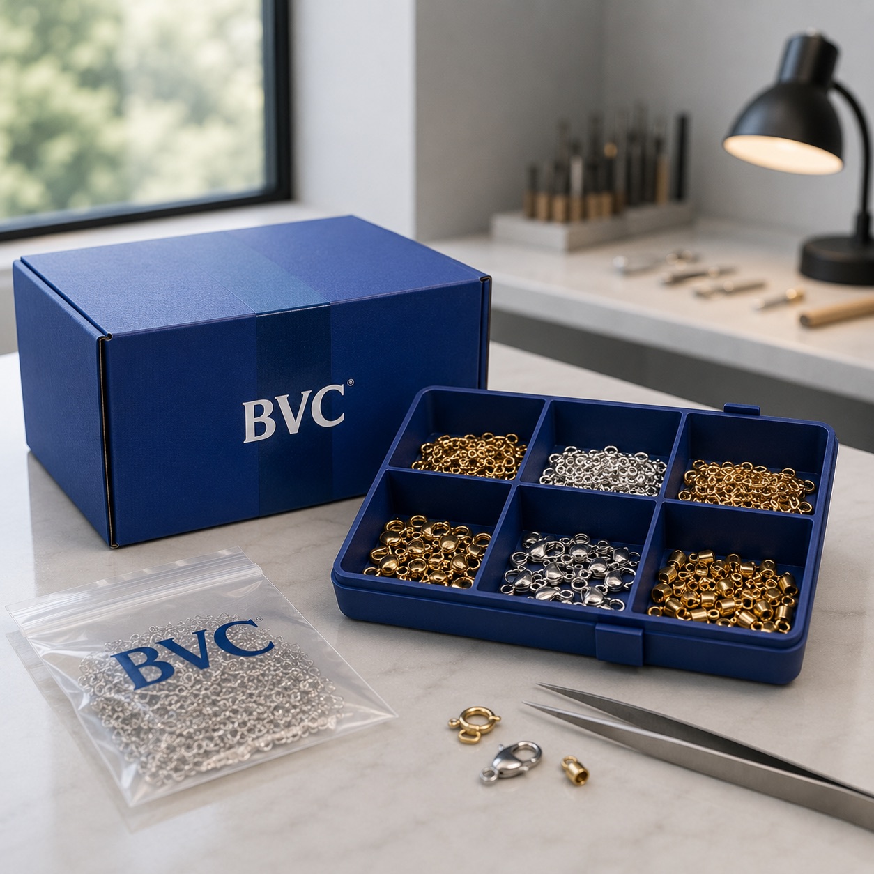 BVC box and a divided organiser of gold and silver chains, jump rings and clasps beside a BVC pouch on a workbench