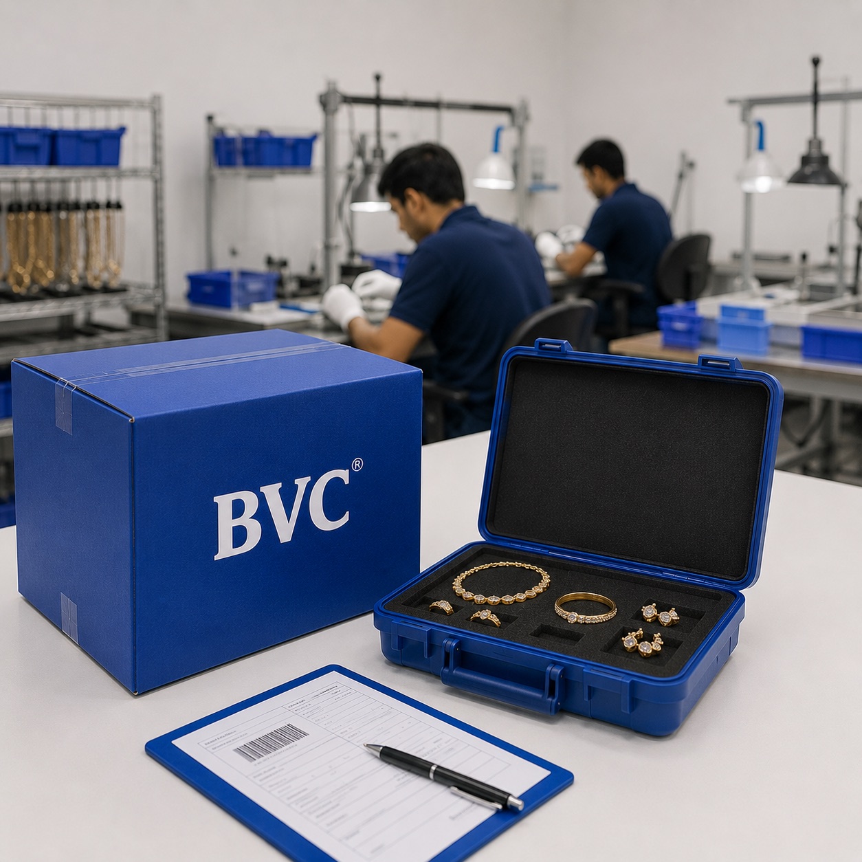 BVC box and an open case of finished gold jewellery on a bench inside a plating and finishing workshop