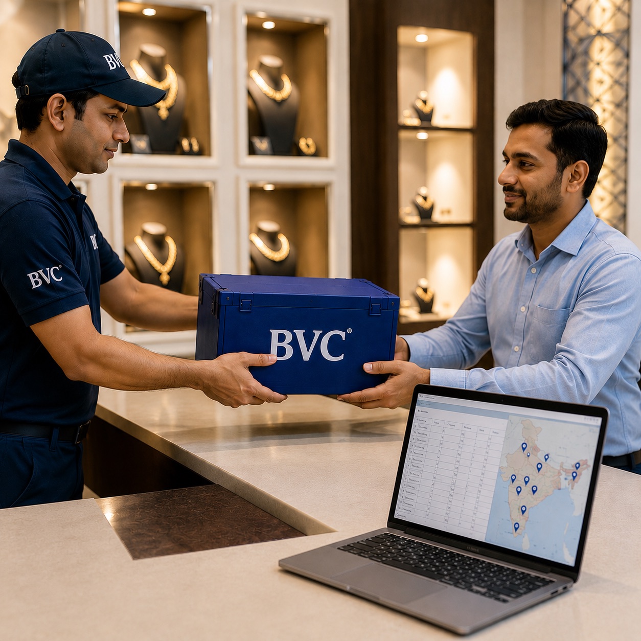 BVC officer handing a sealed BVC box to a retailer across a showroom counter beside a laptop showing a distribution map
