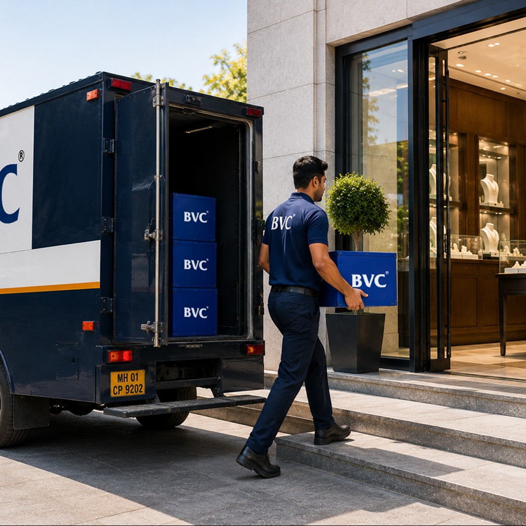 A BVC officer in gloves lifting a tray of jewellery from a blue BVC trunk beside a van, outside a lit luxury showroom at dusk with a hilltop fort behind