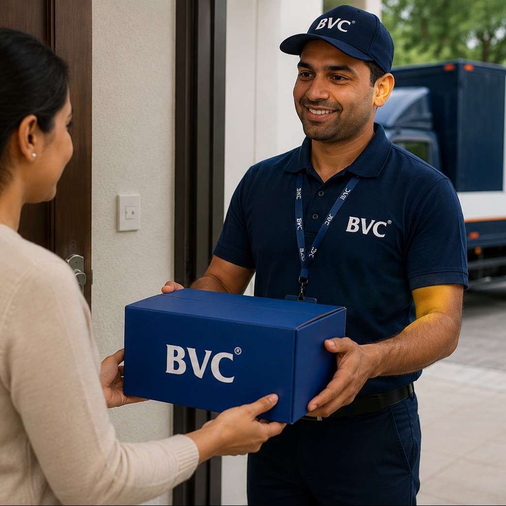 A BVC officer in white gloves handing a sealed blue BVC return box back to a customer across a store counter