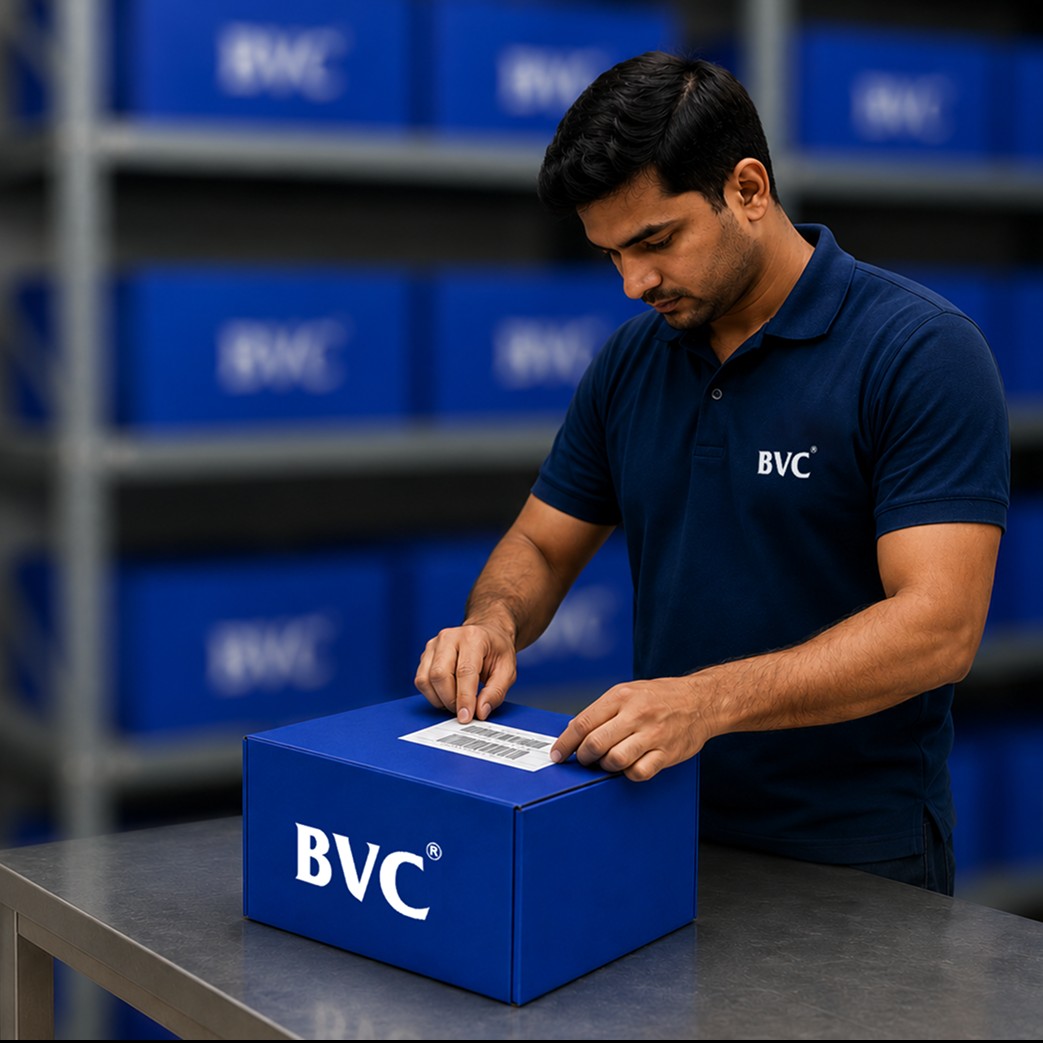 Split scene — a customer waiting at a jewellery showroom counter beside a glowing India map with a route pin, and a BVC officer packing a piece into a blue BVC crate at a warehouse 600 km away