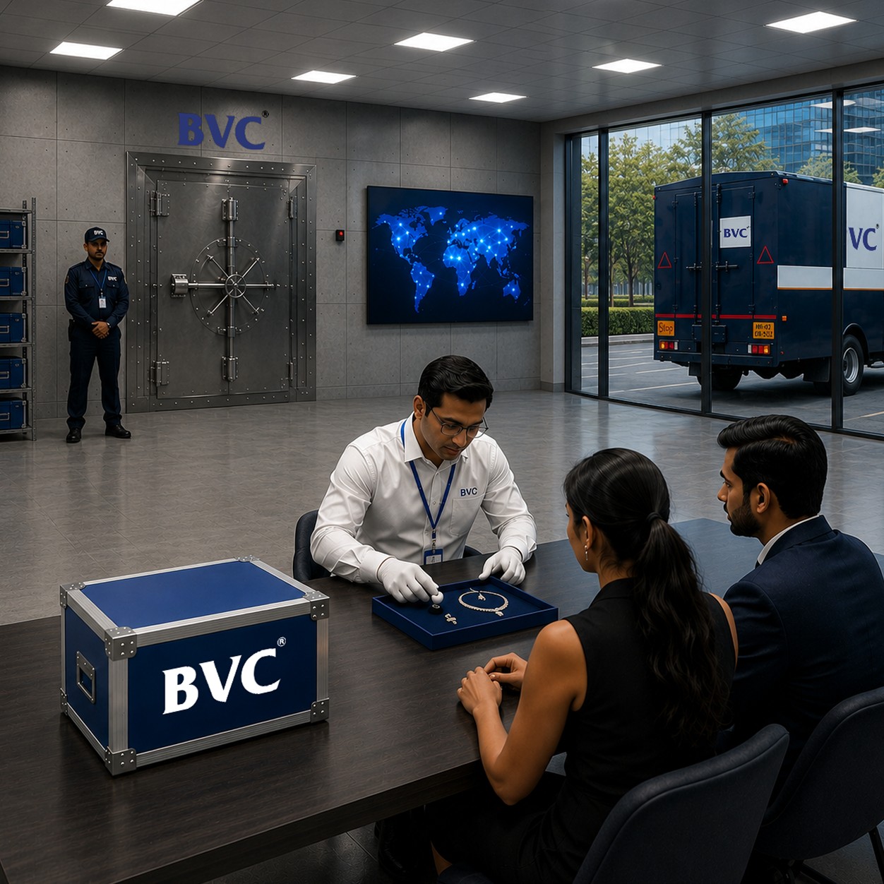 A BVC officer in white gloves presenting jewellery on a navy tray to two clients across a table in a secure viewing centre, with a BVC vault, blue BVC crates, a world-map wall and a blue BVC truck behind
