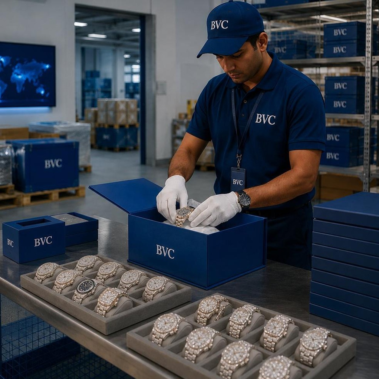 A BVC officer in white gloves carefully boxing a luxury watch beside trays of high-value timepieces on a steel packing table, with navy BVC cases and a world-map display in a secure fulfilment centre behind