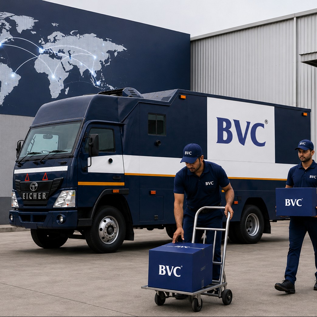 BVC truck before a Hosur temple gopuram with a world map showing export routes to five countries and a secure BVC trunk