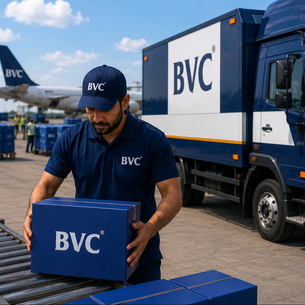 Diamond mine and haul truck with a BVC aircraft on a world map route, a grading microscope and polished diamonds beside a BVC trunk