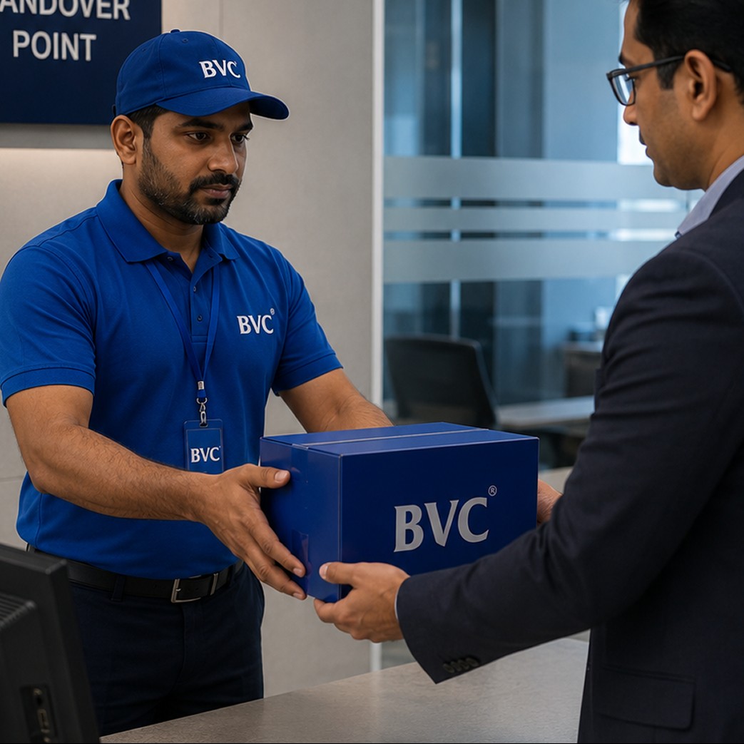 BVC officer handing a tray of polished diamonds from a secure BVC trunk to a client in front of a vault