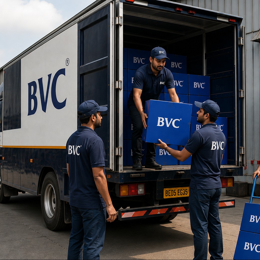 BVC truck beside a glowing India map with delivery routes radiating across the country and a stack of BVC boxes